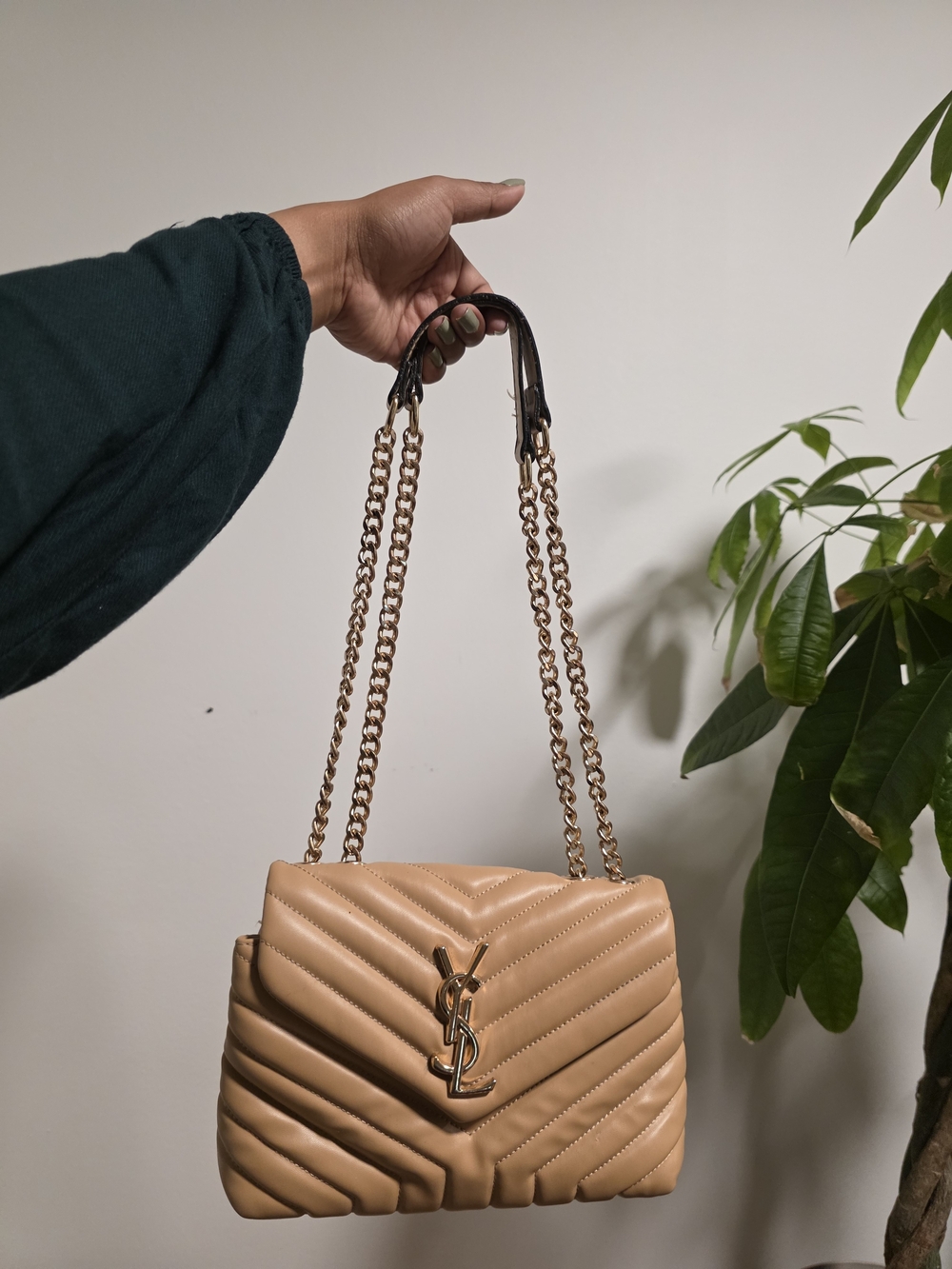 Saint Laurent Inspired Quilted Tan Shoulder Bag with Chain Strap